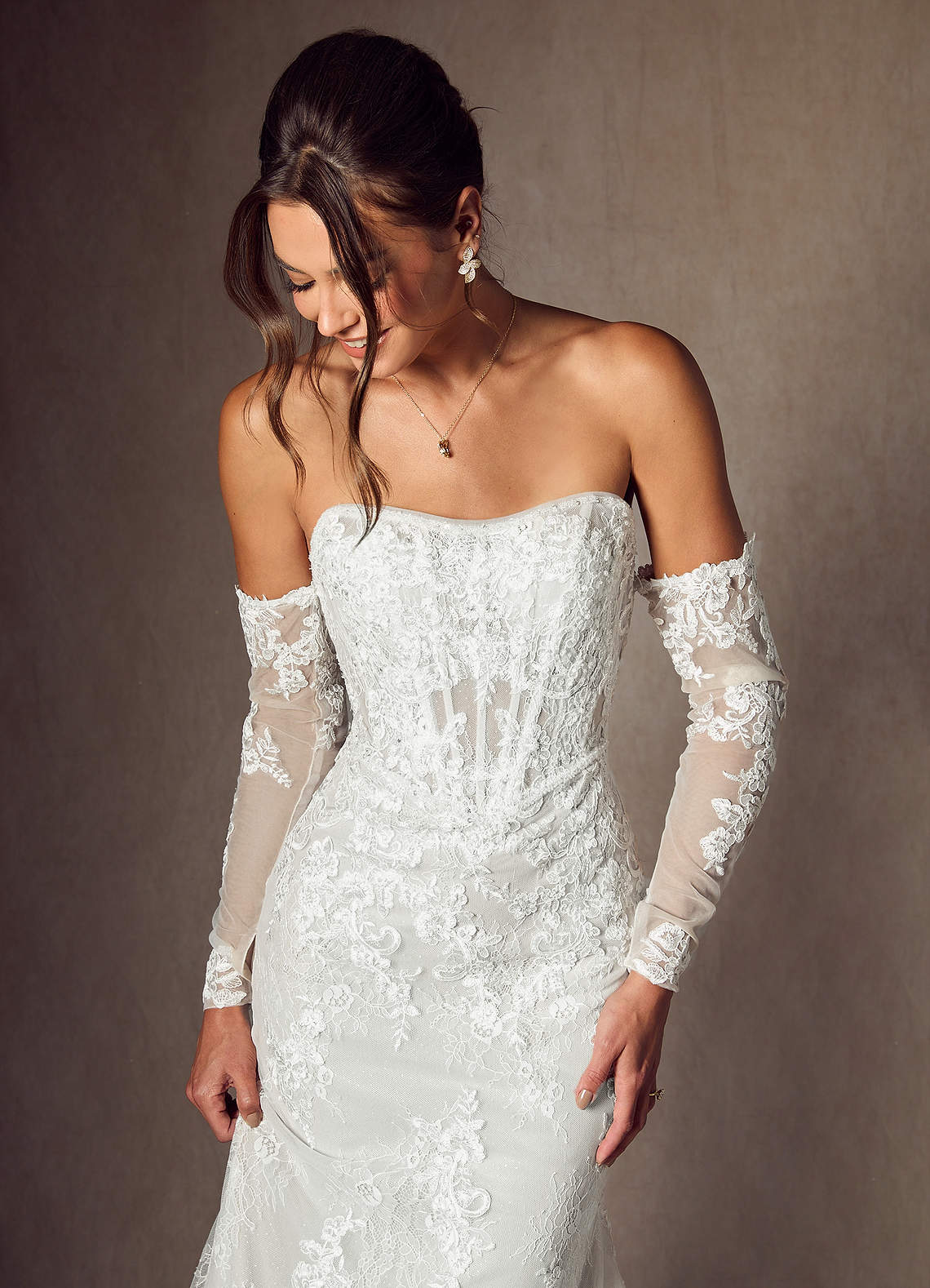 Diamond White Mermaid Strapless Lace Dress
