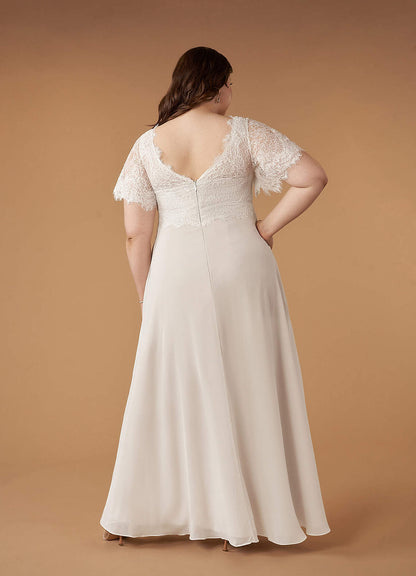 Diamond White Champagne A-Line V-Neck lace Chiffon Dress