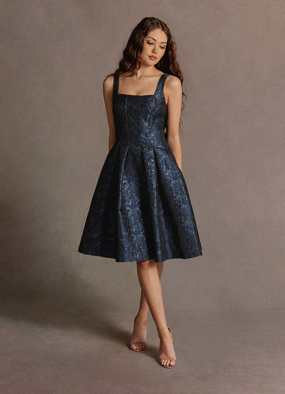Jackey Navy Jacquard Pleated Midi Dress  Dress