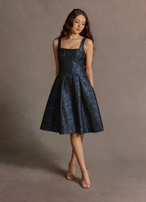 Jackey Navy Jacquard Pleated Midi Dress  Dress