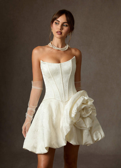 Antique White Ball-Gown Strapless Floral Jacquard Dress
