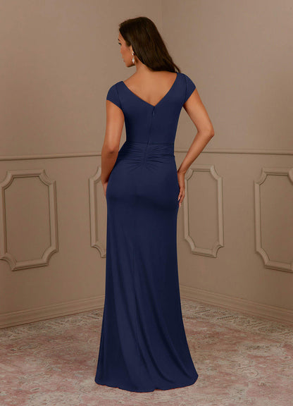 Dark Navy Mermaid V-Neck Pleated Mesh Dress