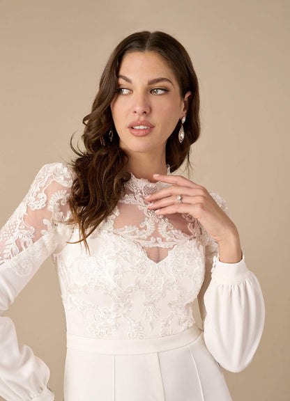 Diamond White Pant Styles High Neck Sequins Stretch Crepe Dress