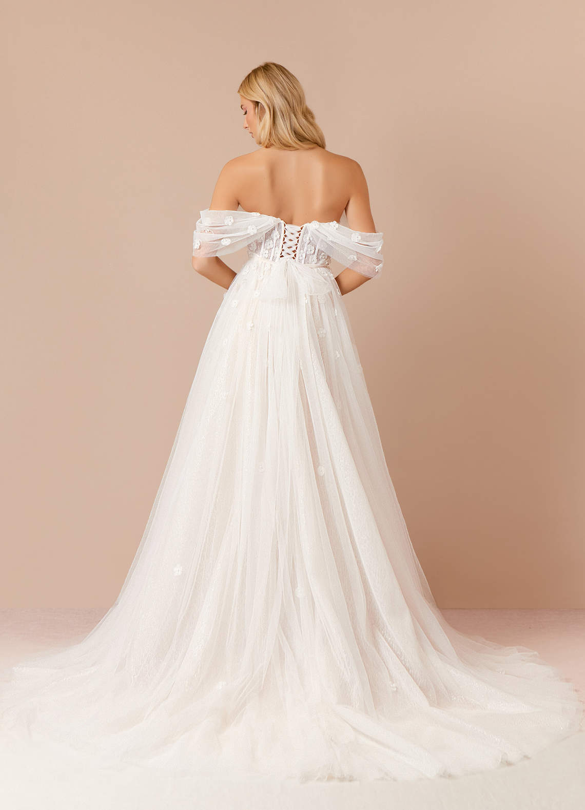 Diamond White Champagne A-Line Off the Shoulder Tulle Dress