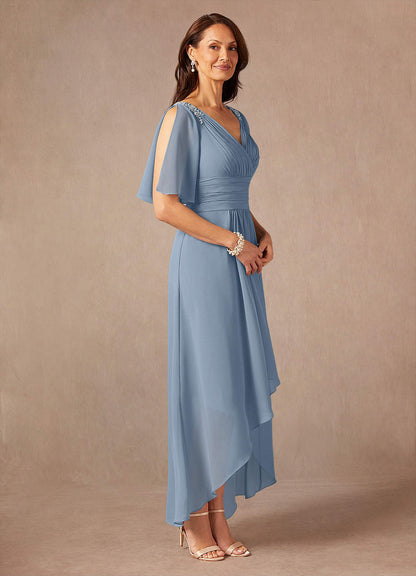 Dusty Blue A-Line Pleated Chiffon Dress
