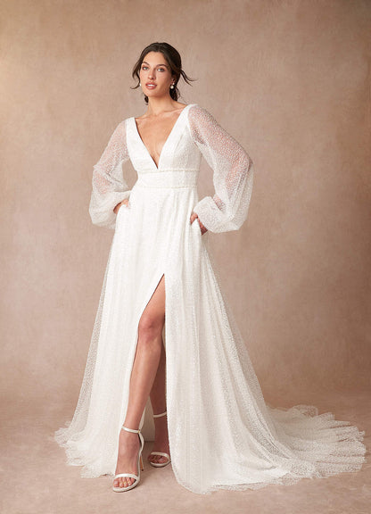 Diamond White A-Line V-Neck Beading Dress