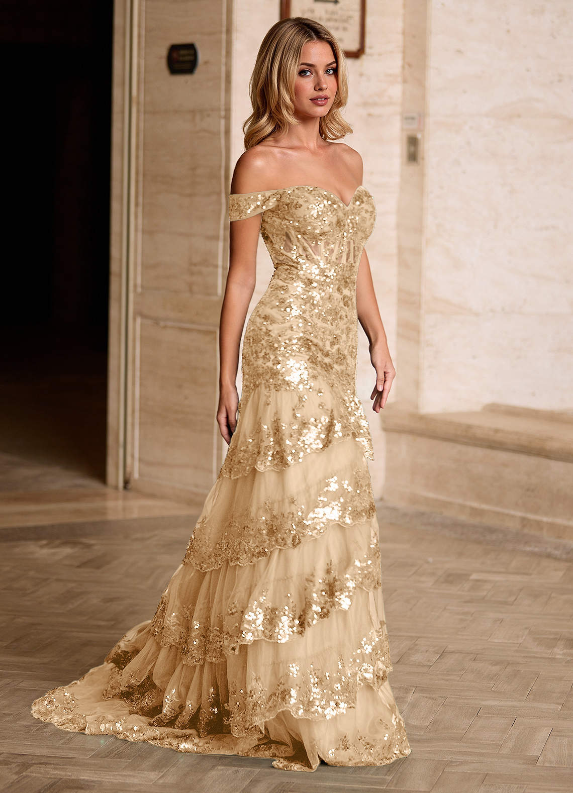 Jenna Champagne Ruffled Glitter Mermaid Prom Dress