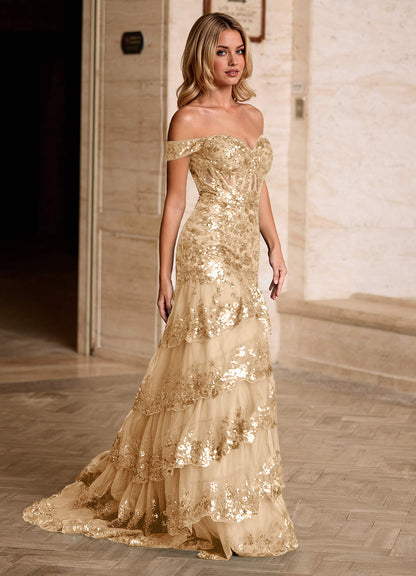 Jenna Champagne Ruffled Glitter Mermaid Prom Dress