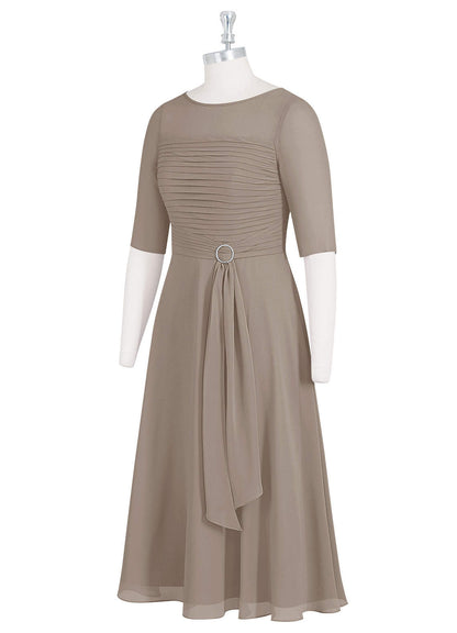 Taupe A-Line Boatneck Pleated Chiffon Dress