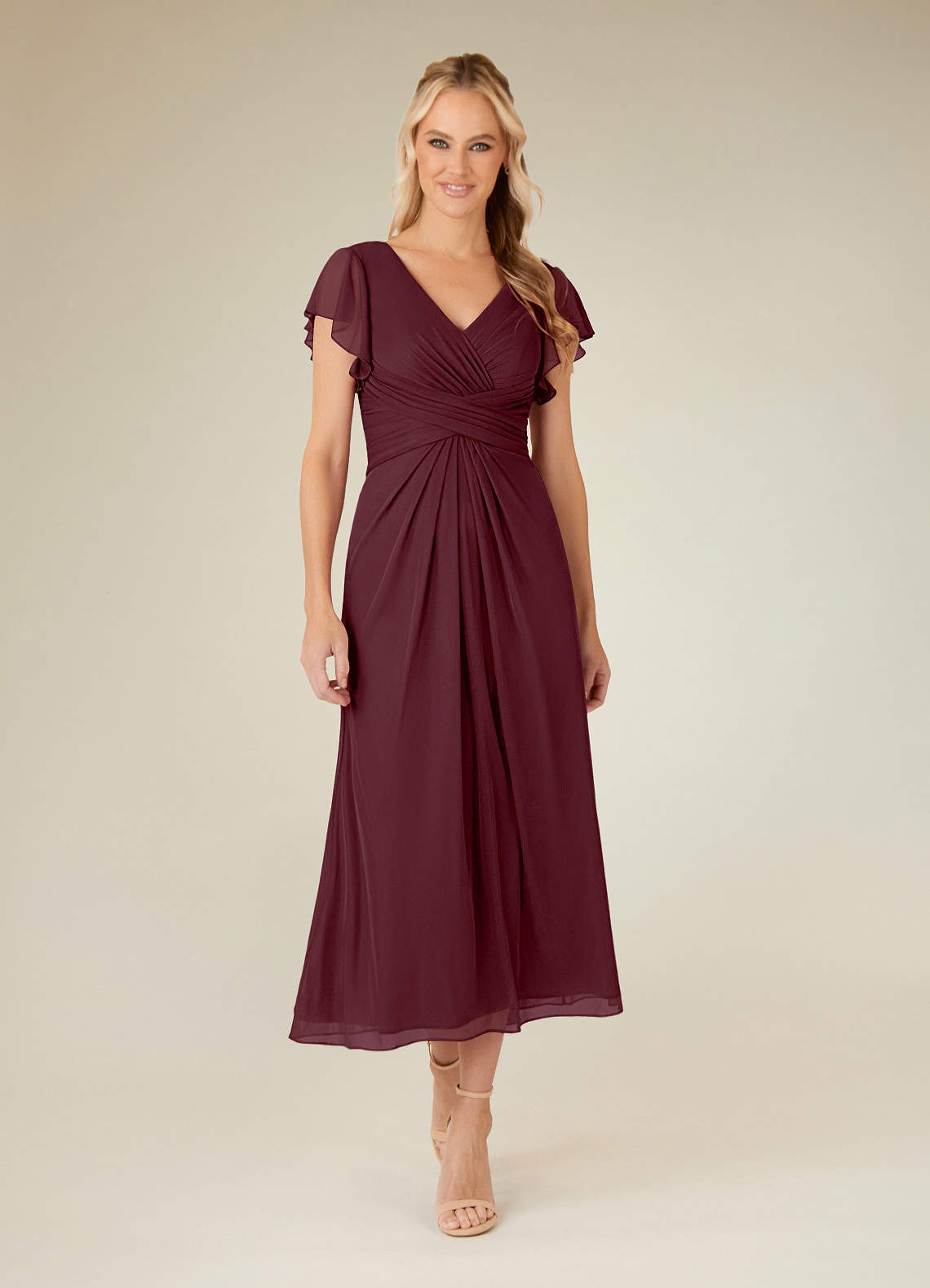 Cabernet A-Line V-Neck Pleated Mesh Dress