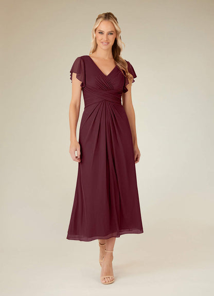 Cabernet A-Line V-Neck Pleated Mesh Dress