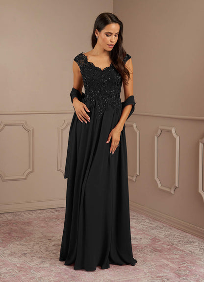 Black A-Line V-Neck Sequins Chiffon Dress