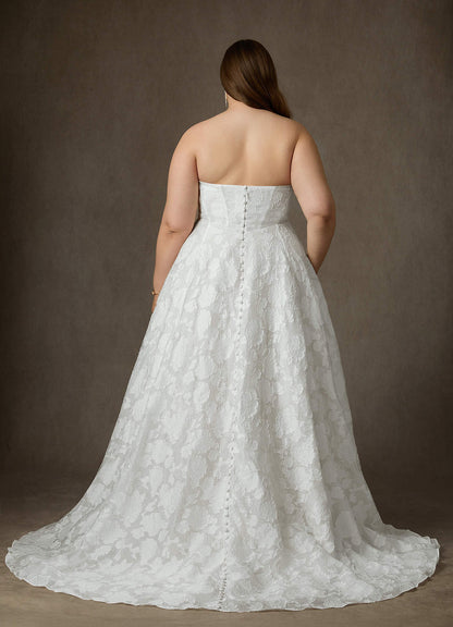 Diamond White Ball-Gown Strapless Floral Burnout Jacquard Dress