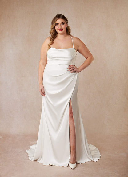 Diamond White Mermaid Pleated Stretch Satin Dress