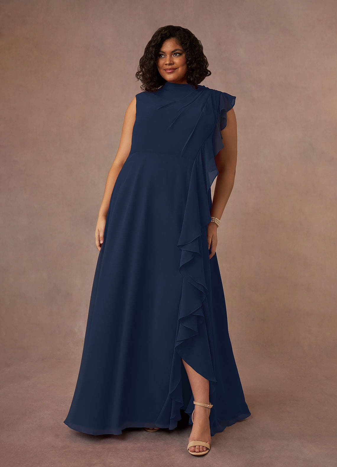 Dark Navy A-Line High Neckline Pleated Chiffon Dress