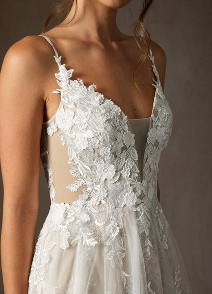 Diamond White Champagne A-Line Lace Tulle Dress