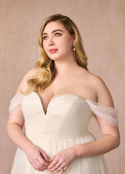 Diamond White Champagne A-Line Off the Shoulder Tulle Dress