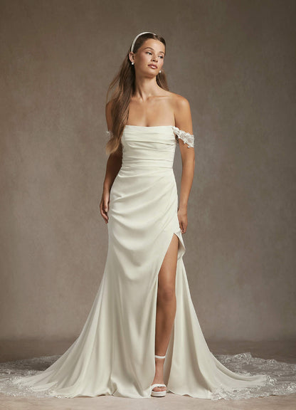 Cream Mermaid Off-The-Shouler Sequins Crepe Back Satin Dress
