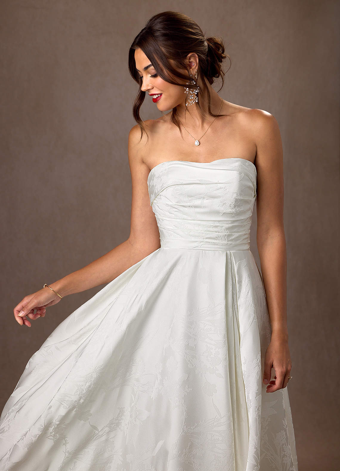 Diamond White A-Line Strapless Floral Jacquard Dress