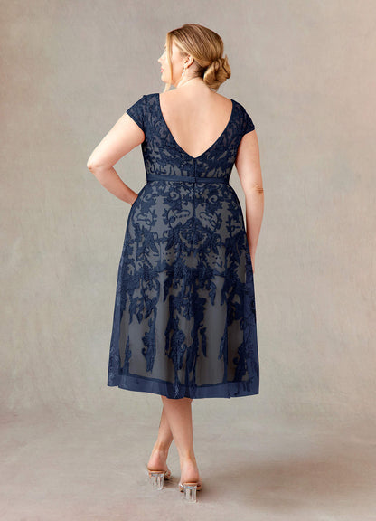 Dark Navy Champagne A-Line Scoop Lace Tulle Dress