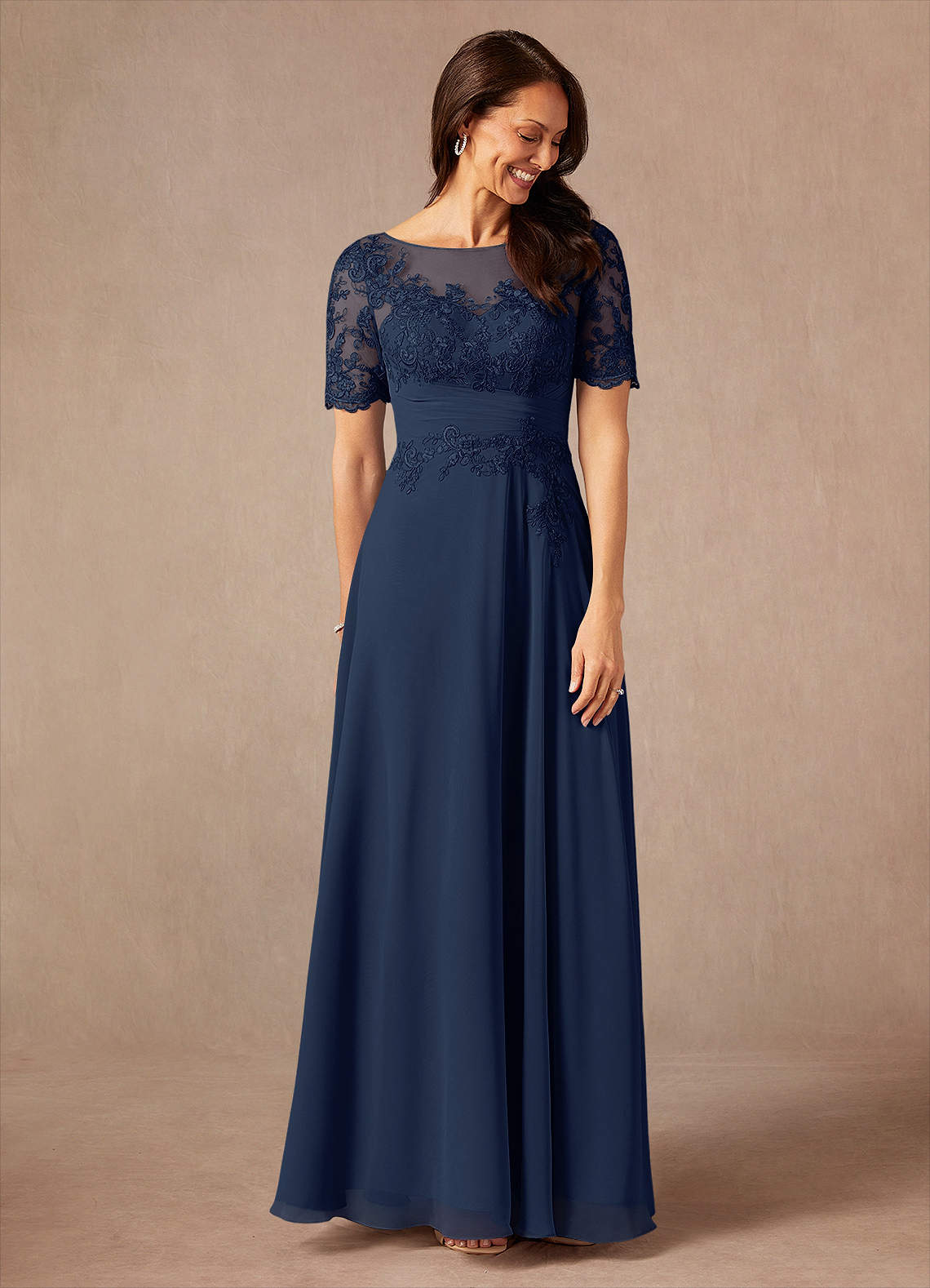 Dark Navy A-Line Lace Chiffon Dress