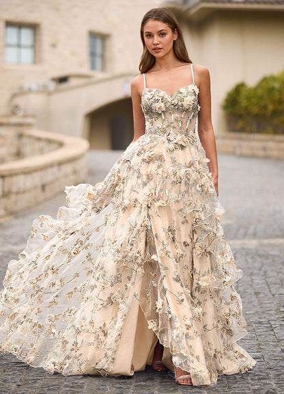 Elara Light Apricot 3D Floral Prom Dress  Dress