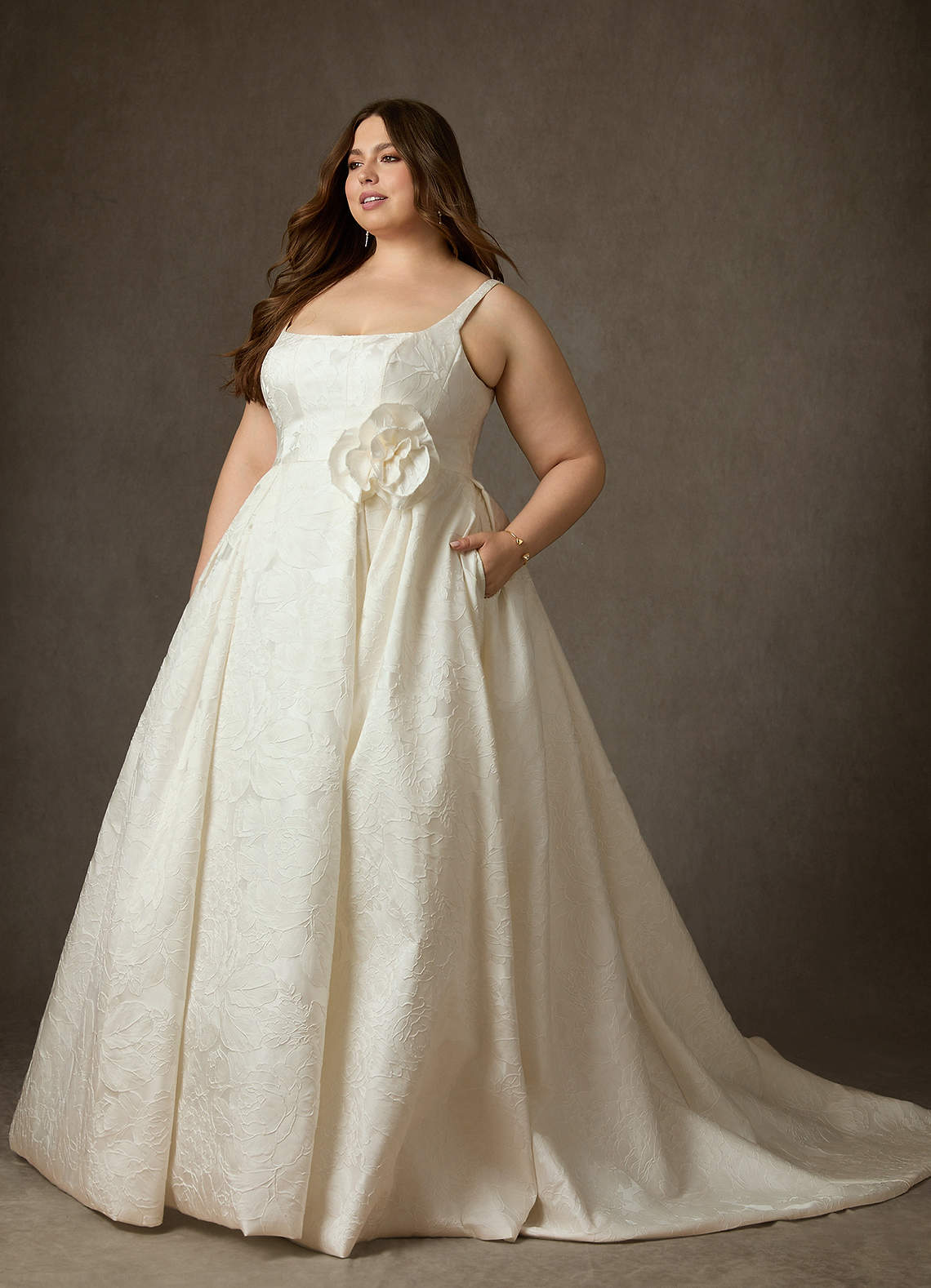 Antique White Ball-Gown with Pockets Floral Jacquard Dress
