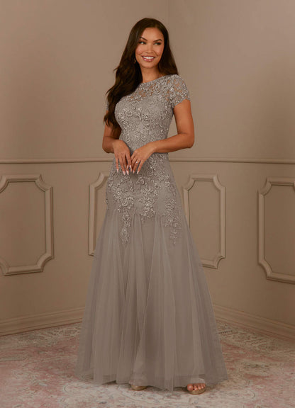 Taupe Mermaid Scoop Sequins Tulle Dress