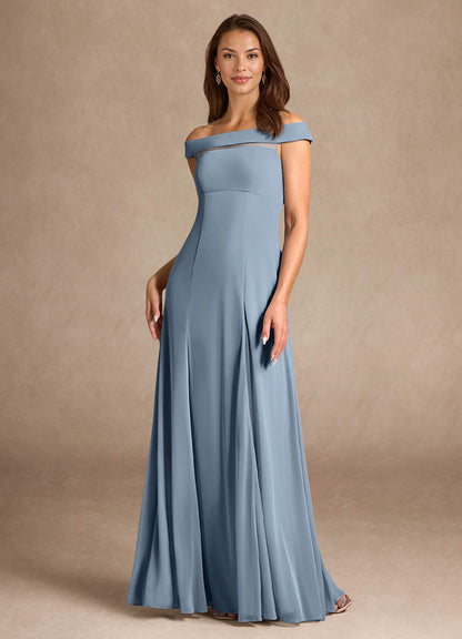 Dusty Blue A-Line Off the Shoulder Mesh Dress