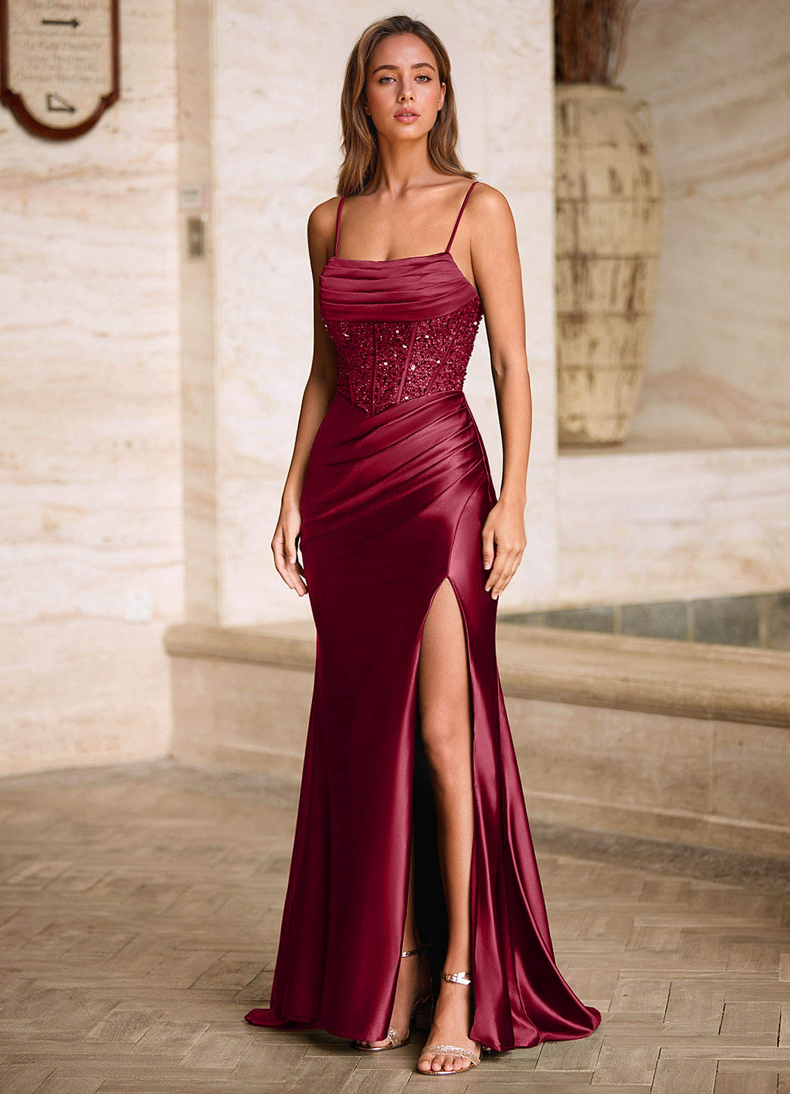Starlit Burgundy Cowl Neck Prom Dress  Dress