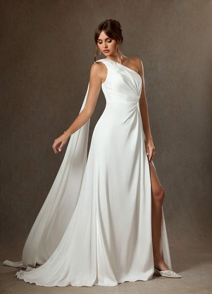 Diamond White A-Line One Shoulder Stretch Satin Dress