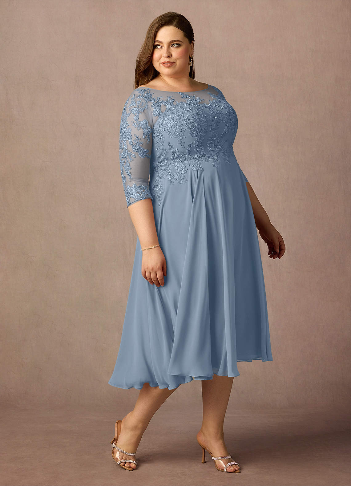 Dusty Blue A-Line Scoop Lace Chiffon Dress