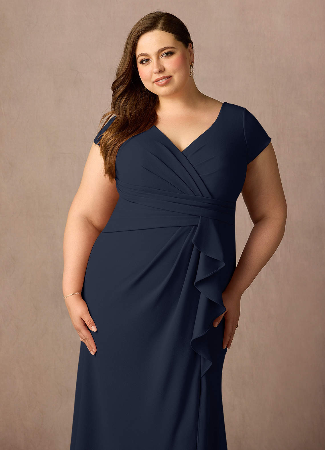 Dark Navy Mermaid V-Neck Pleated Stretch Crepe Dress