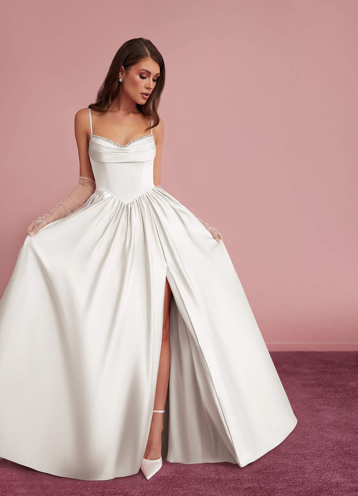Diamond White Ball-Gown Sweetheart Neckline Stretch Satin Dress Diamond White