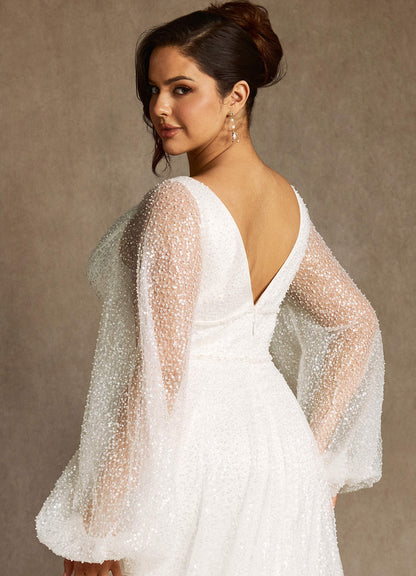 Diamond White A-Line V-Neck Beading Dress