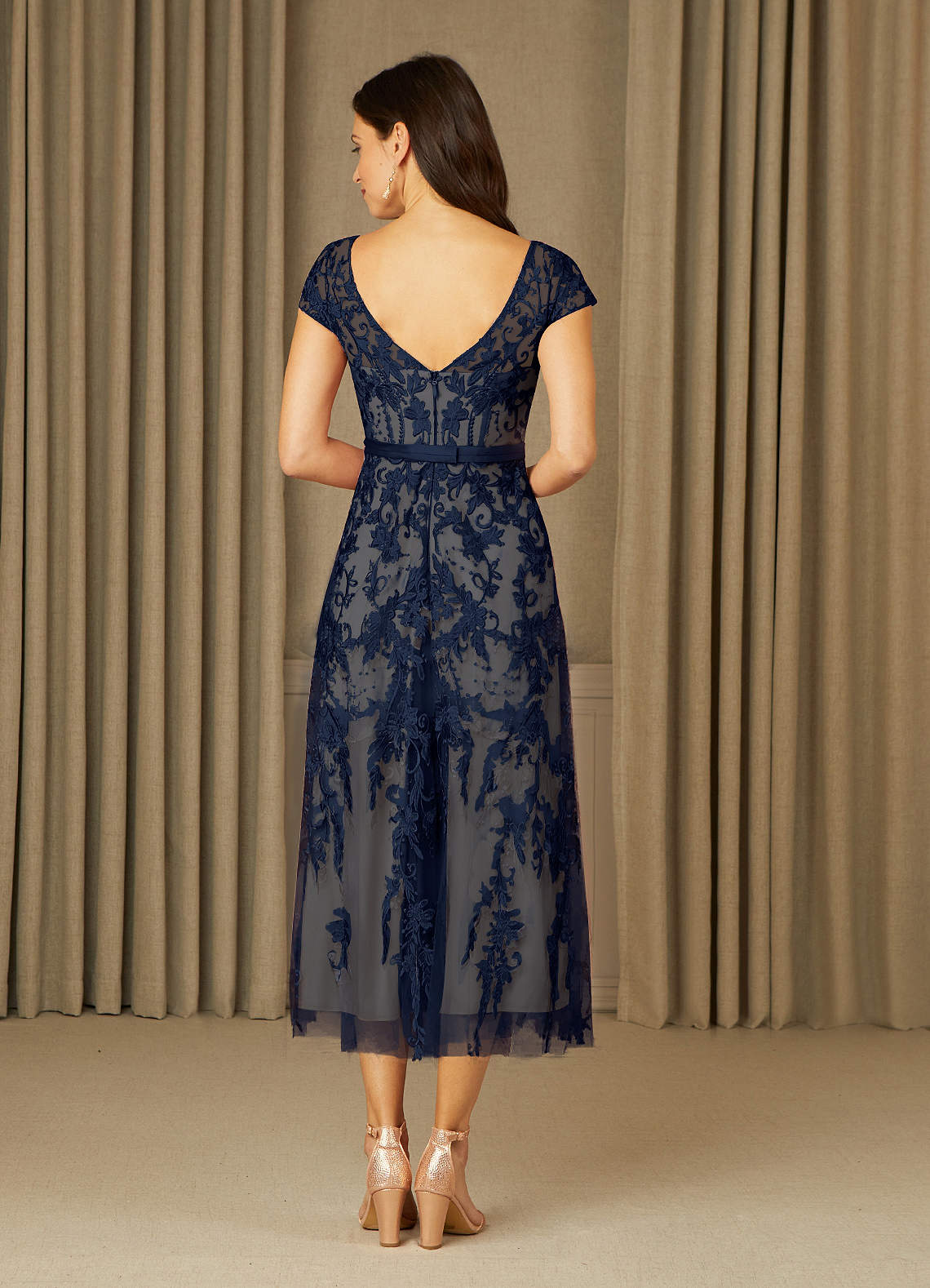 Dark Navy Champagne A-Line Scoop Lace Tulle Dress