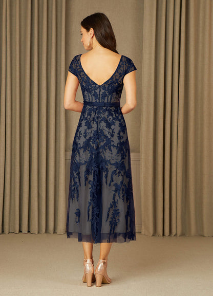 Dark Navy Champagne A-Line Scoop Lace Tulle Dress