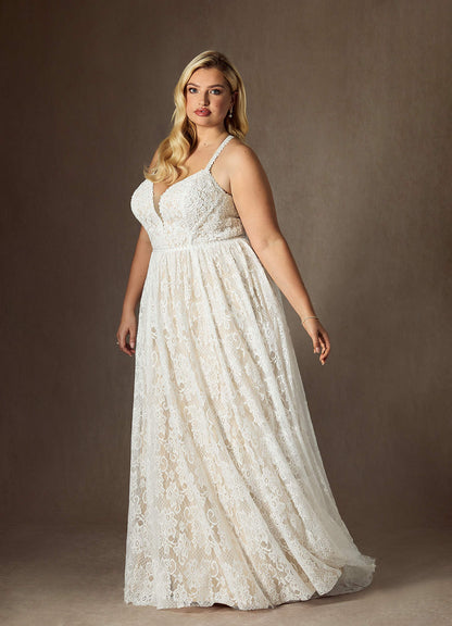 Diamond White Champagne A-Line Lace Dress