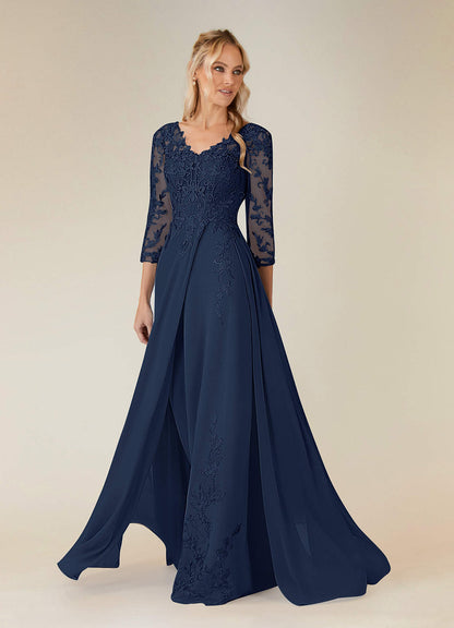 Dark Navy A-Line V-Neck Lace Chiffon Dress