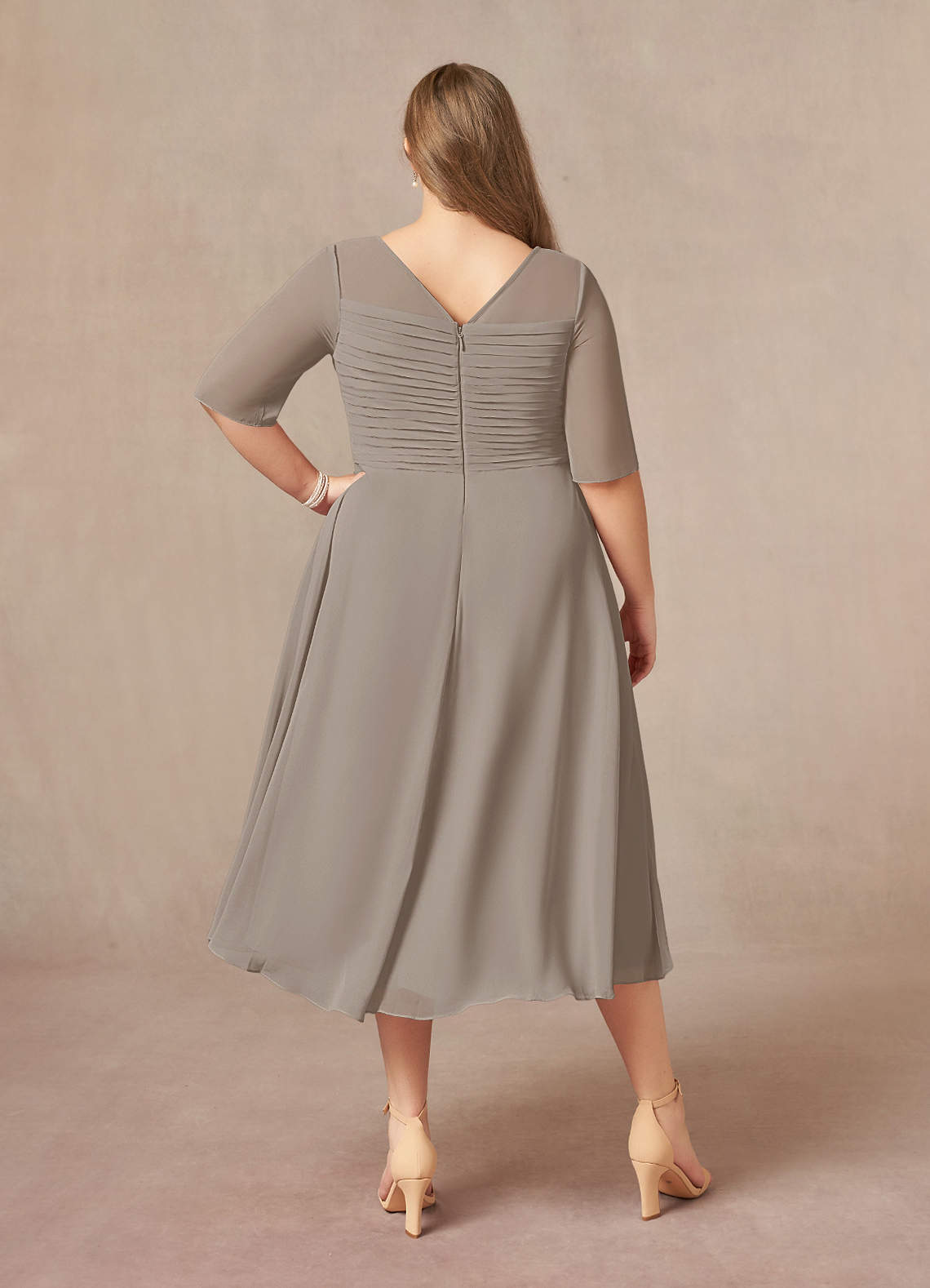 Taupe A-Line Boatneck Pleated Chiffon Dress