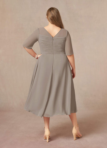 Taupe A-Line Boatneck Pleated Chiffon Dress