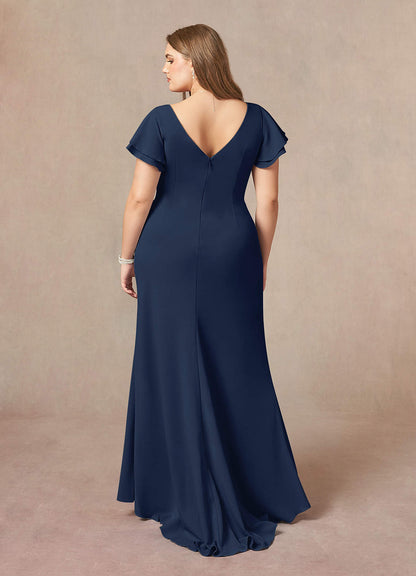 Dark Navy Mermaid Scoop Ruched Stretch Crepe Dress