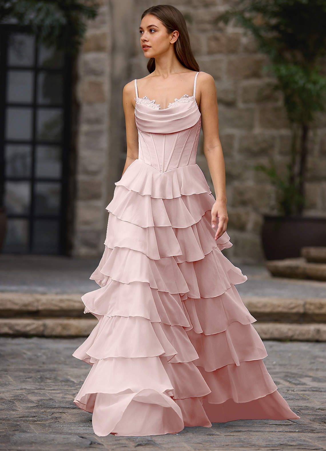 Floralace Powder Pink Ruffled A-Line Prom Dress  Dress