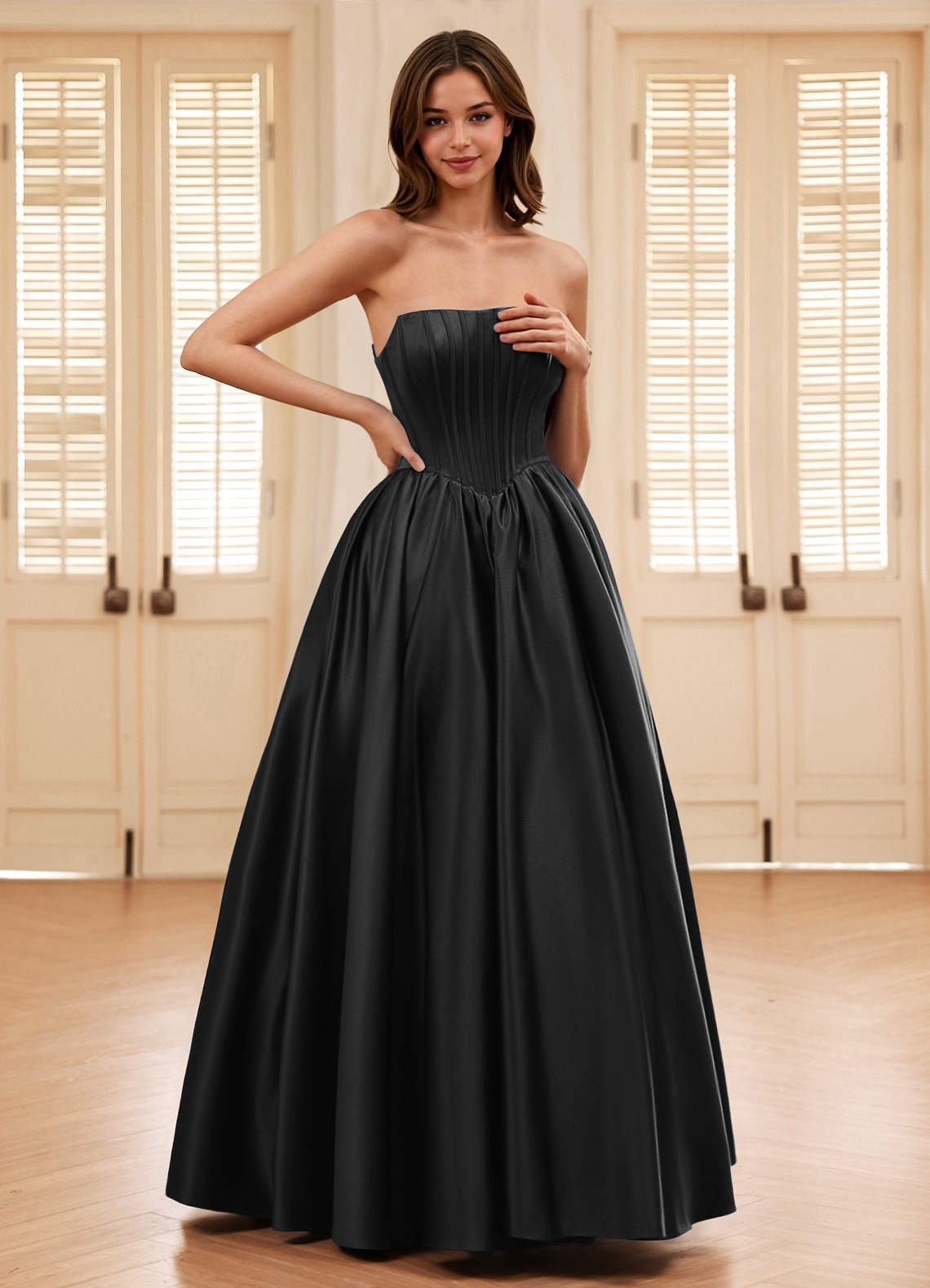 Seraphina Black A-Line Boned Corset Satin Prom Dress