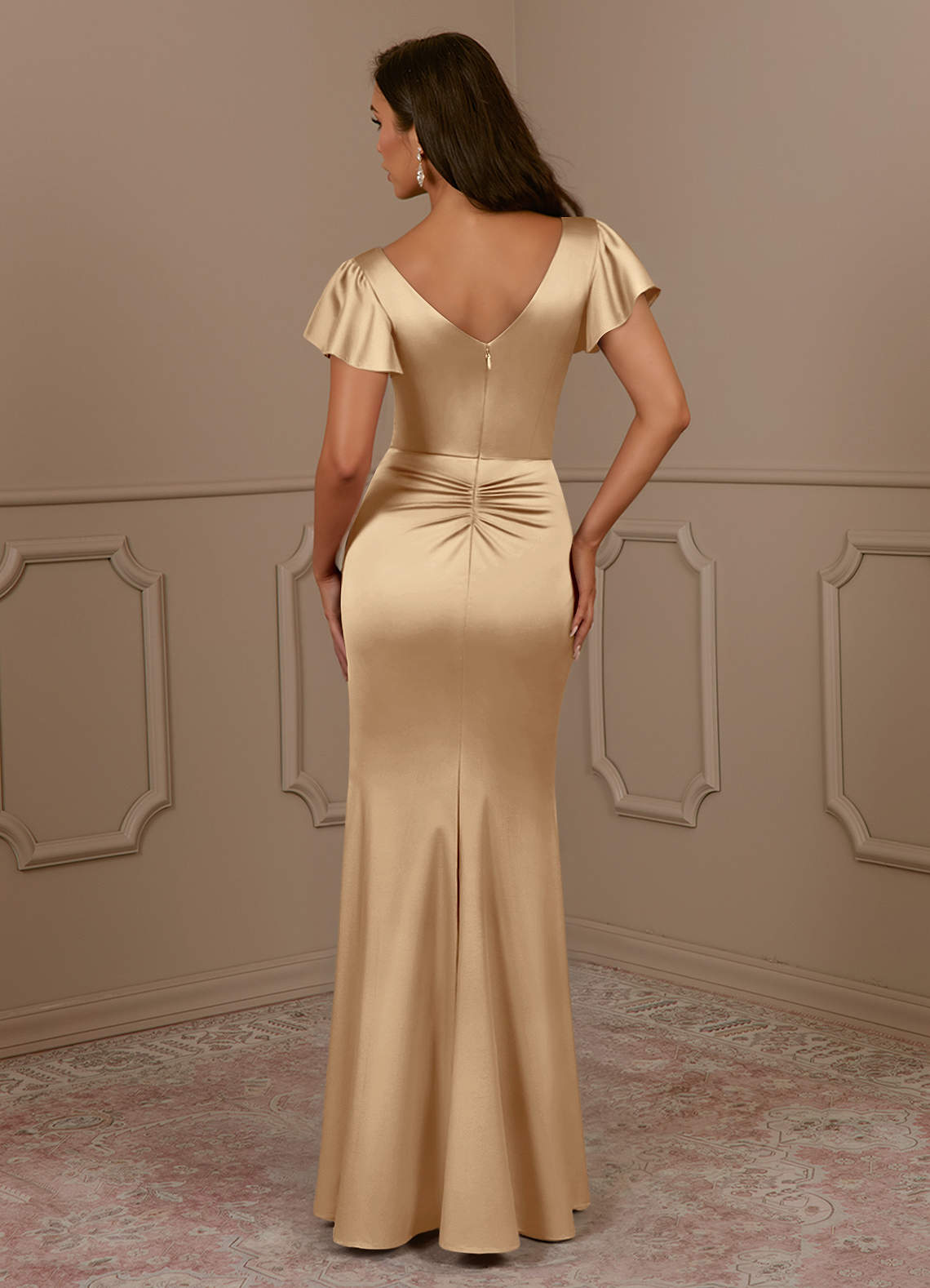 Champagne Mermaid V-Neck Pleated Stretch Satin Dress