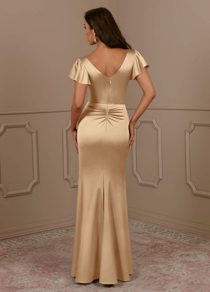 Champagne Mermaid V-Neck Pleated Stretch Satin Dress