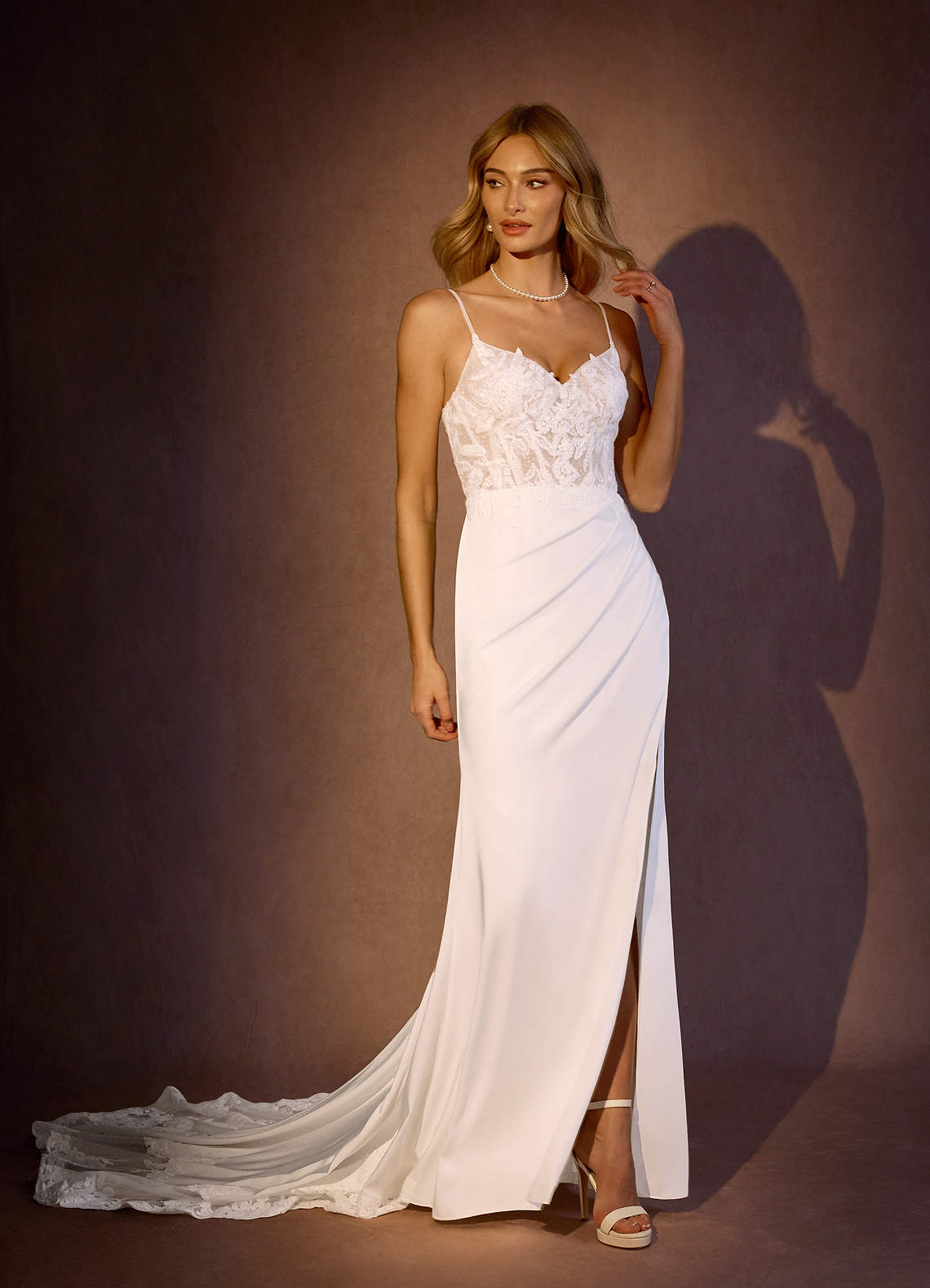 Diamond White Mermaid V-Neck lace Crepe Back Satin Dress