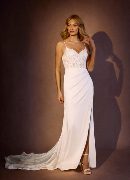 Diamond White Mermaid V-Neck lace Crepe Back Satin Dress