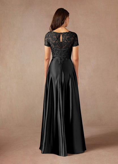 Black A-Line Lace Metallic Satin Dress