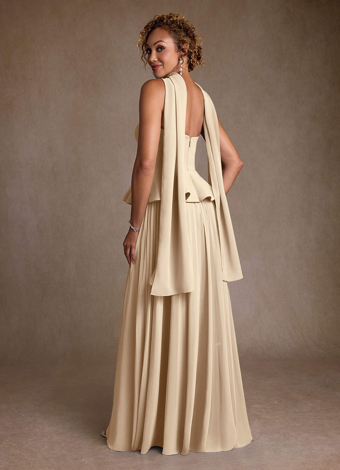 Champagne A-Line Pleated Chiffon Dress